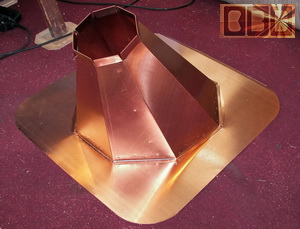 Copper flashing flange and angled collar